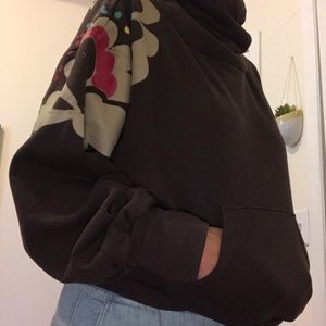 boho wave sweater hoodie, brown with flower